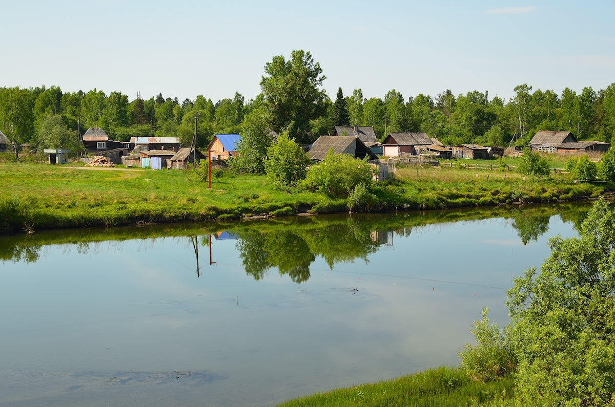 a body of water with houses and trees around it