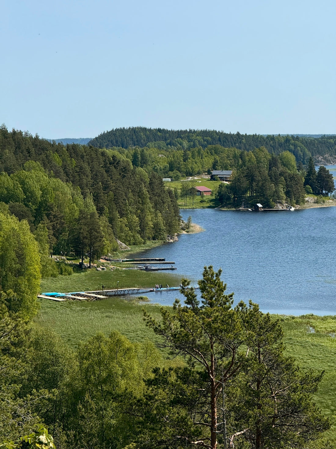 Lush, green landscape surrounds a beautiful lake.