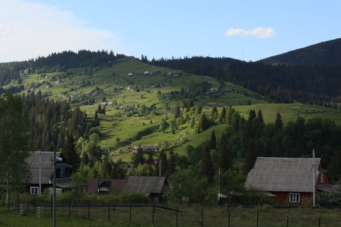 Rural houses nestled among green hills and forested mountains.